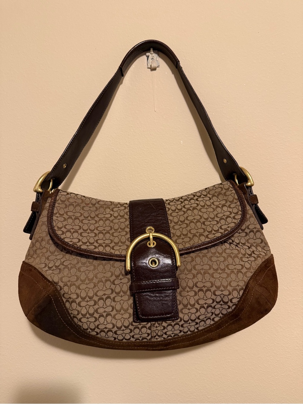 Coach Brown Signature Canvas Shoulder Bag with Gold Hardware
